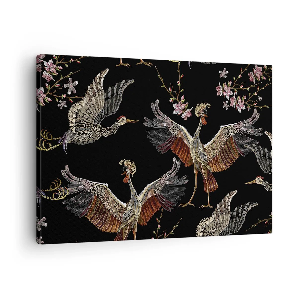 Cuadro sobre lienzo - Impresión de Imagen - Grullas y flores elegantes sobre un fondo negro. - 70x50cm - Aves de cuento de hadas - Decoración de pared moderna para salón y dormitorio ARTTOR