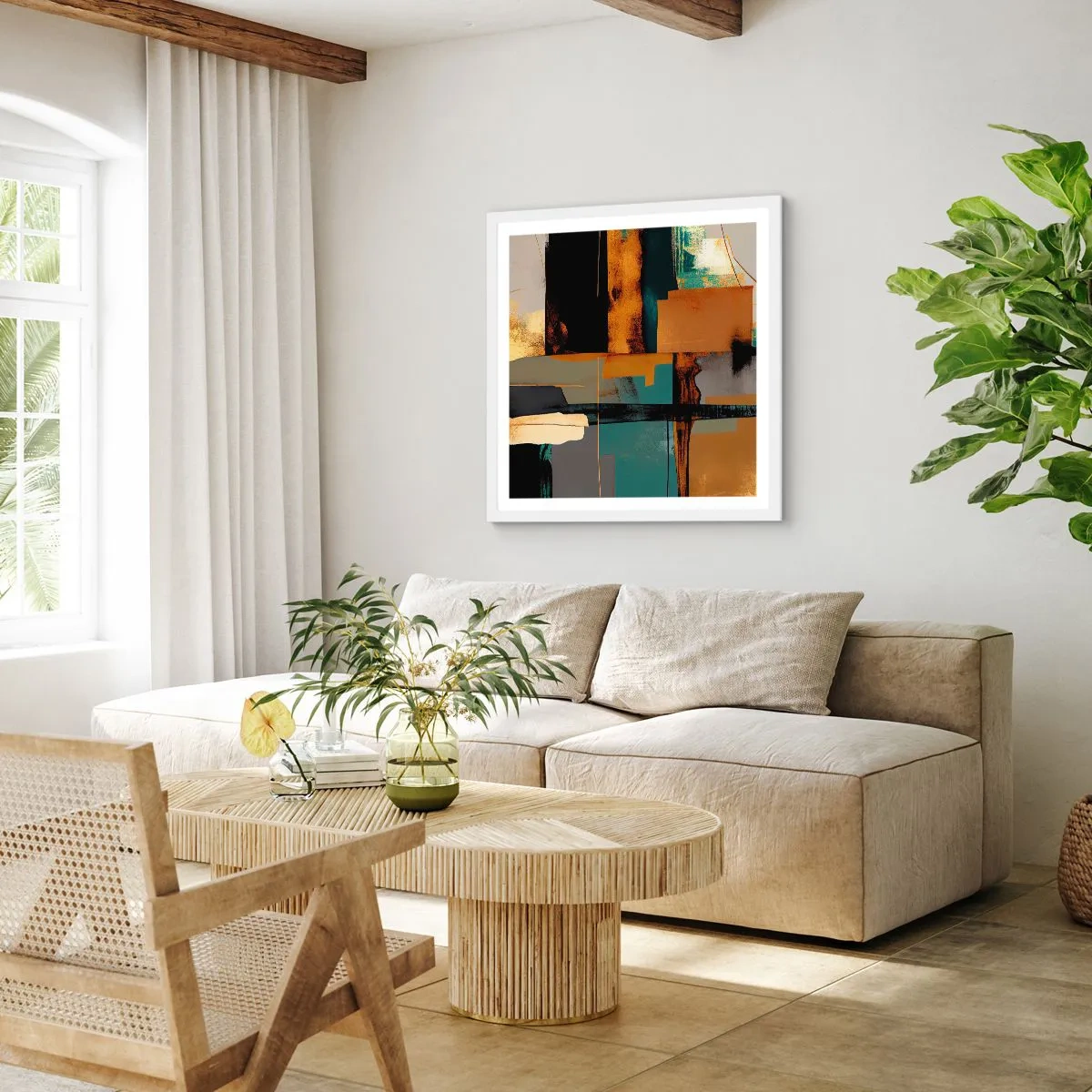 Póster en marco blanco - Abstracción: luces y sombras - 40x40 cm