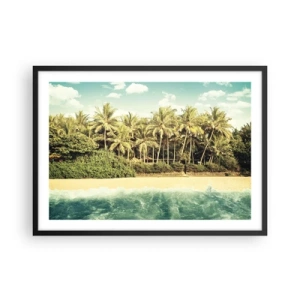 Póster en marco negro - Playa tropical con palmeras y mar turquesa. - 70x50cm - ¿Qué tal aquí? - Decoración de pared moderna para salón y dormitorio ARTTOR