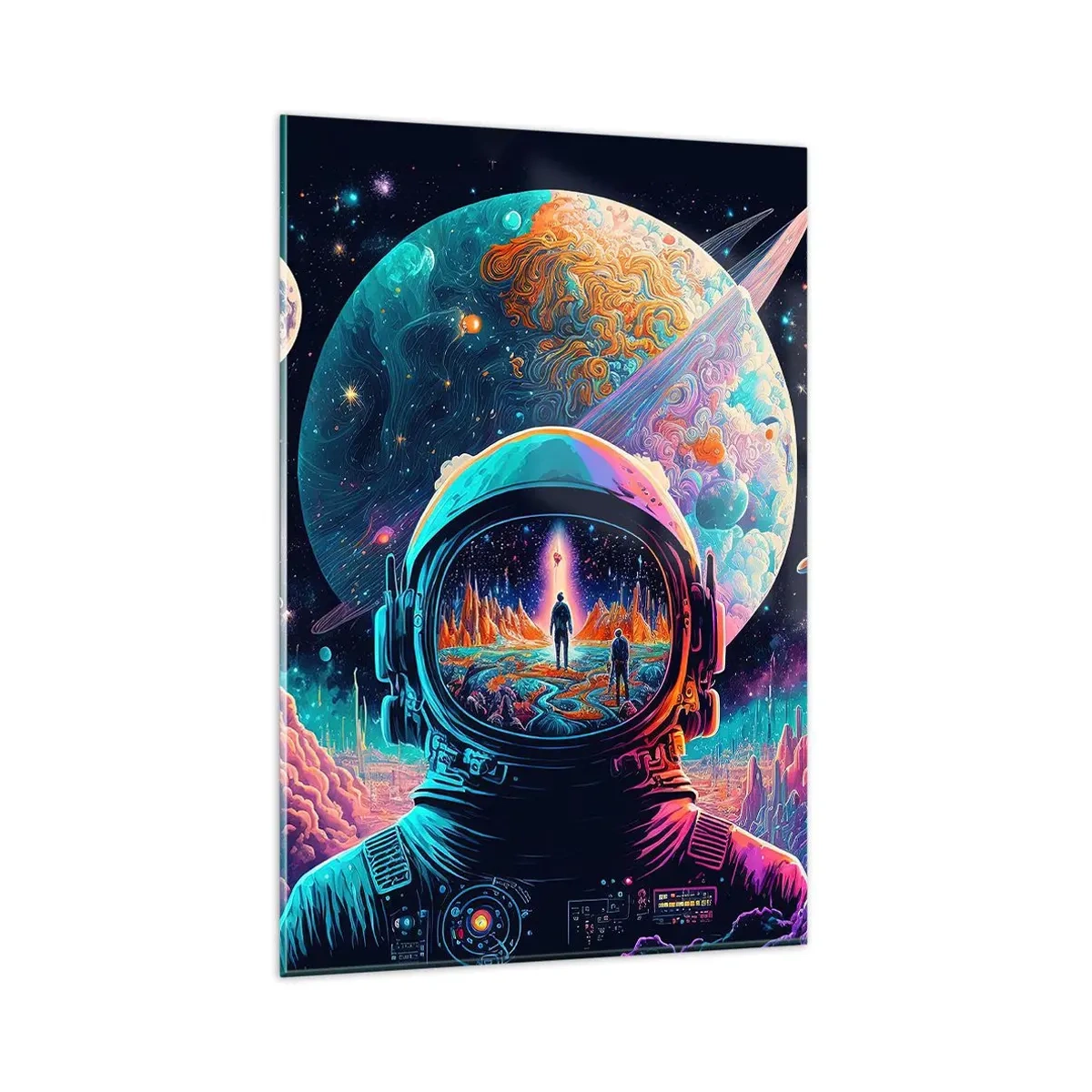 Cuadro sobre vidrio - Impresiones sobre Vidrio - Astronauta en el espacio con un colorido paisaje planetario. - 80x120cm - Sueños de niño - Decoración de pared moderna para salón y dormitorio ARTTOR