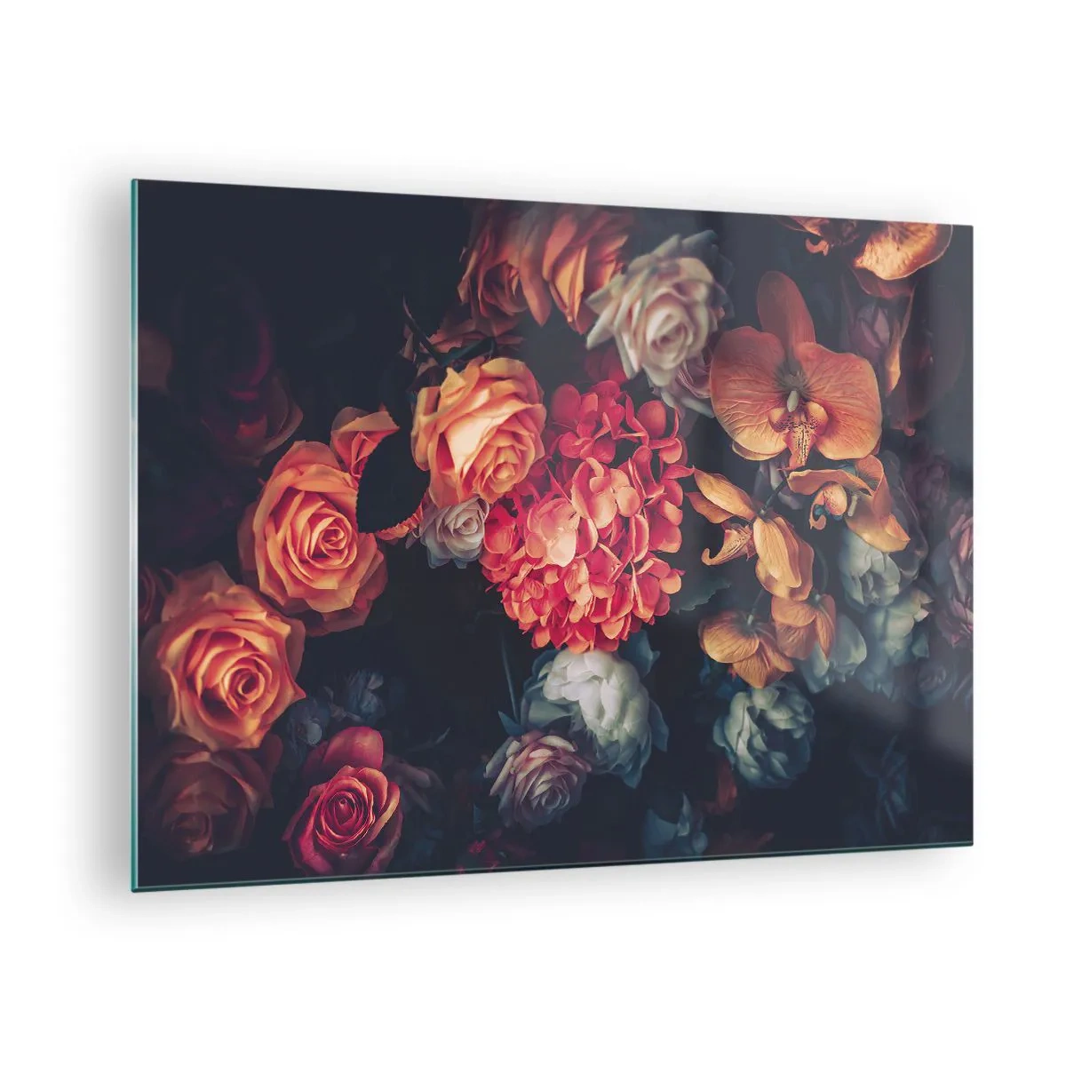 Cuadro sobre vidrio - Impresiones sobre Vidrio - Arreglo floral oscuro con rosas y orquídeas. - 70x50cm - Como los maestros holandeses - Decoración de pared moderna para salón y dormitorio ARTTOR