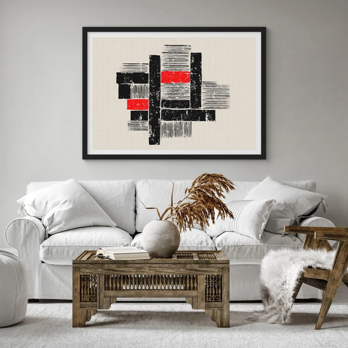 Póster en marco negro - Composición geométrica abstracta en negro y rojo. - 70x50cm - Rojo y negro - Decoración de pared moderna para salón y dormitorio ARTTOR
