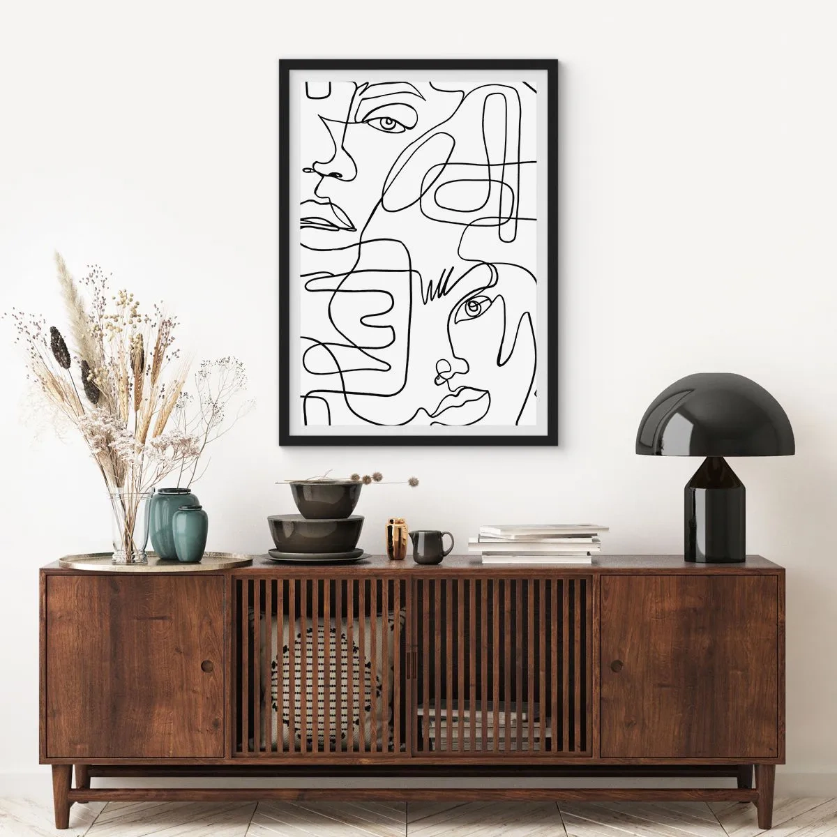 Póster en marco negro - Caras abstractas dibujadas con una línea - 50x70cm - Entre emociones enredadas - Decoración de pared moderna para salón y dormitorio ARTTOR