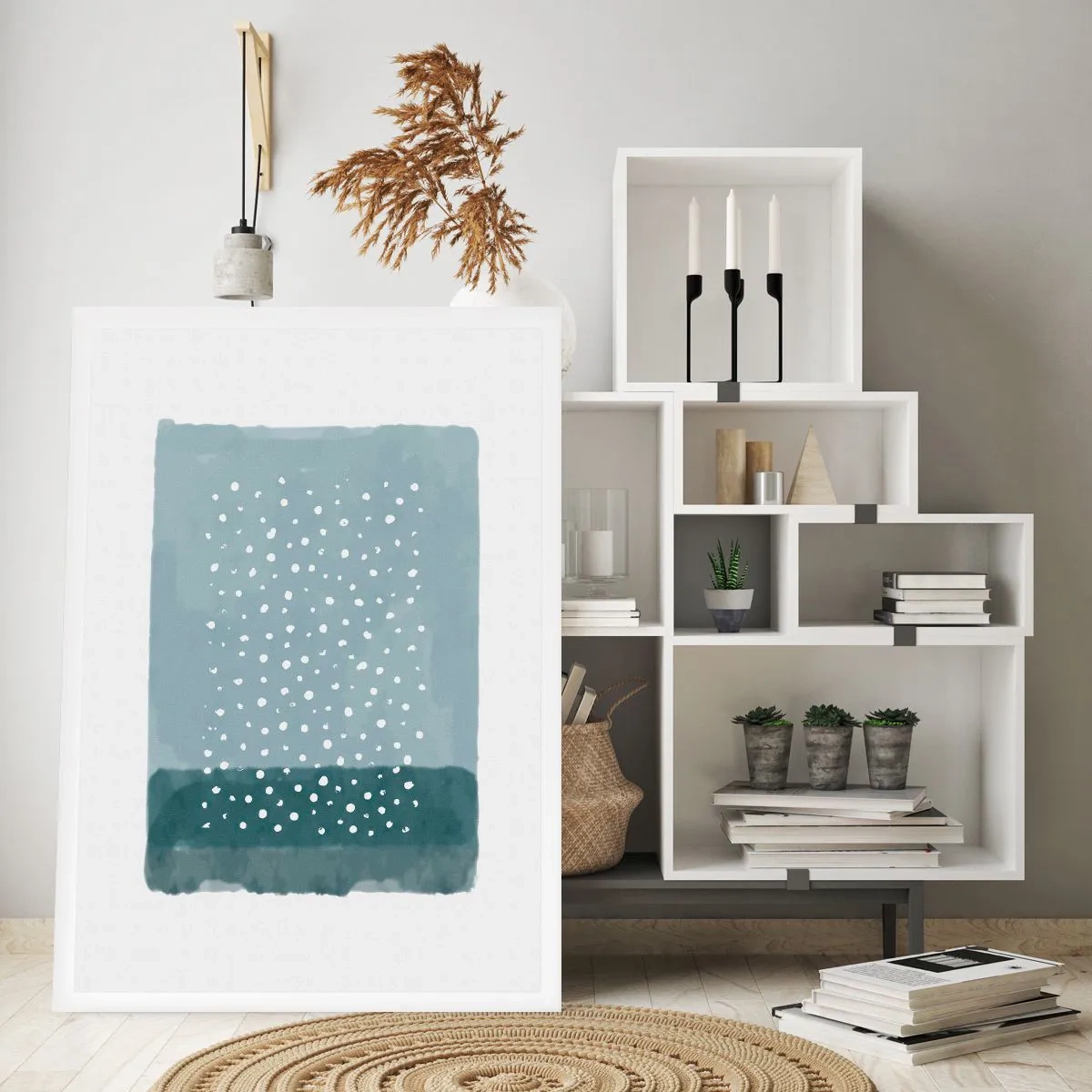 Póster - Una composición abstracta con puntos blancos sobre fondo azul. - 50x70cm - Creación sobre azul - Decoración de pared moderna para salón y dormitorio ARTTOR