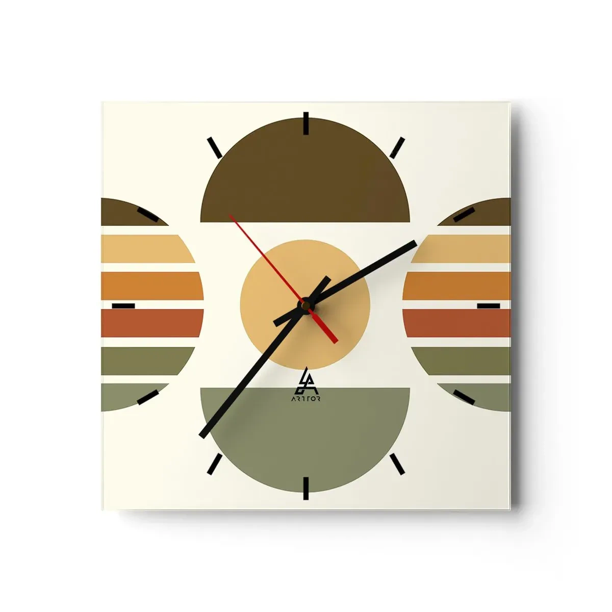 Reloj de pared - Reloj de vidrio - Composición geométrica con semicírculos y rayas en tonos tierra. - 30x30cm - Los tonos de la tierra - Decoración de pared moderna para salón y dormitorio ARTTOR