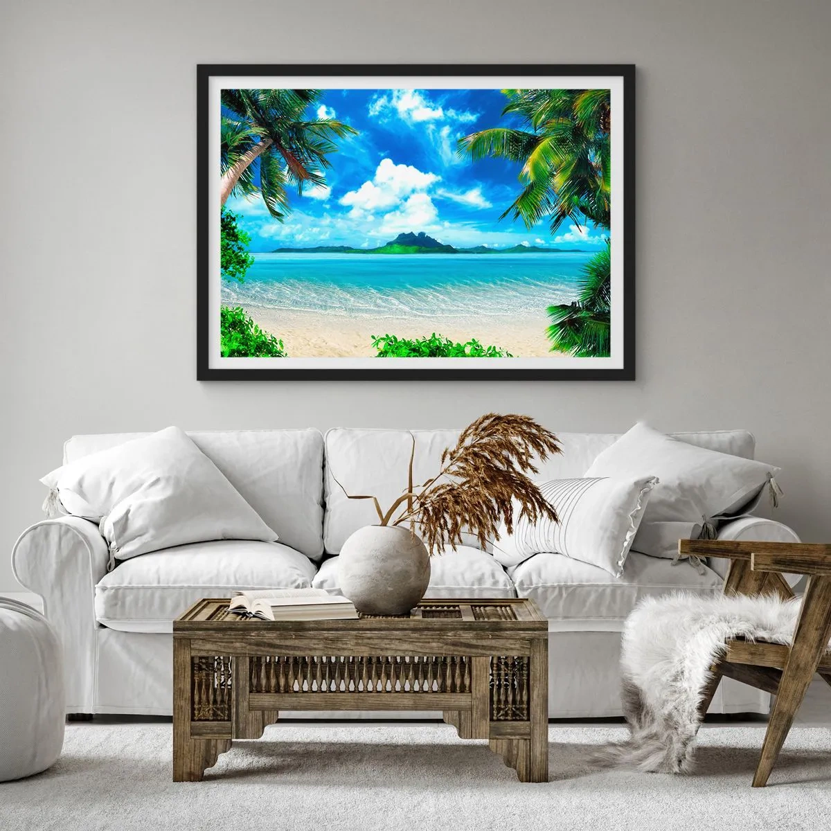 Póster en marco negro - Playa tropical con palmeras y vista a la isla. - 100x70cm - El azul de los trópicos - Decoración de pared moderna para salón y dormitorio ARTTOR