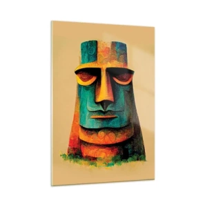 Cuadro sobre vidrio - Impresiones sobre Vidrio - Un retrato colorido inspirado en una estatua de piedra sobre un fondo beige. - 50x70cm - Escultural, pero simpática - Decoración de pared moderna para salón y dormitorio ARTTOR