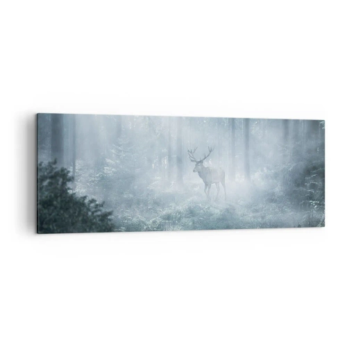 Cuadro sobre lienzo - Impresión de Imagen - Un ciervo en un bosque denso envuelto en la niebla matutina. - 140x50cm - Ronda matutina por la finca - Decoración de pared moderna para salón y dormitorio ARTTOR