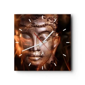 Reloj de pared - Reloj de vidrio - Una estatua de Buda en medio de llamas de tonos dorados. - 30x30cm - Solo existe el aquí y el ahora - Decoración de pared moderna para salón y dormitorio ARTTOR
