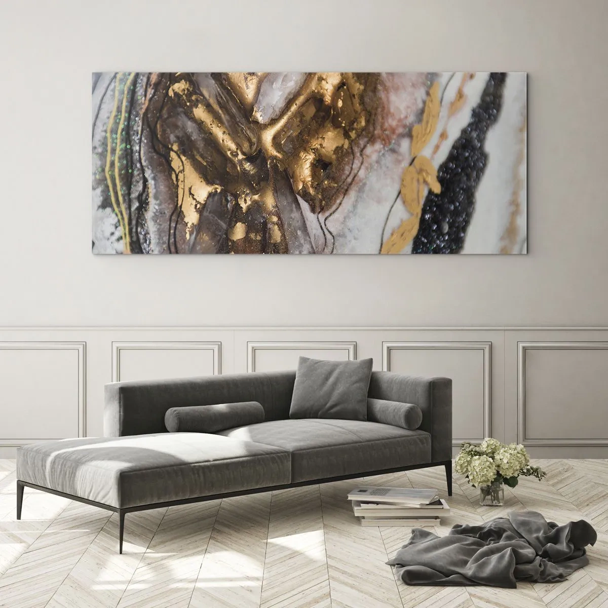 Cuadro sobre vidrio - Impresiones sobre Vidrio - Composición abstracta con elementos de oro y cristales. - 120x50cm - Elemento de la tierra - Decoración de pared moderna para salón y dormitorio ARTTOR