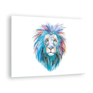 Cuadro sobre vidrio - Impresiones sobre Vidrio - Retrato colorido de un león en estilo artístico. - 70x50cm - Aura electrizante - Decoración de pared moderna para salón y dormitorio ARTTOR