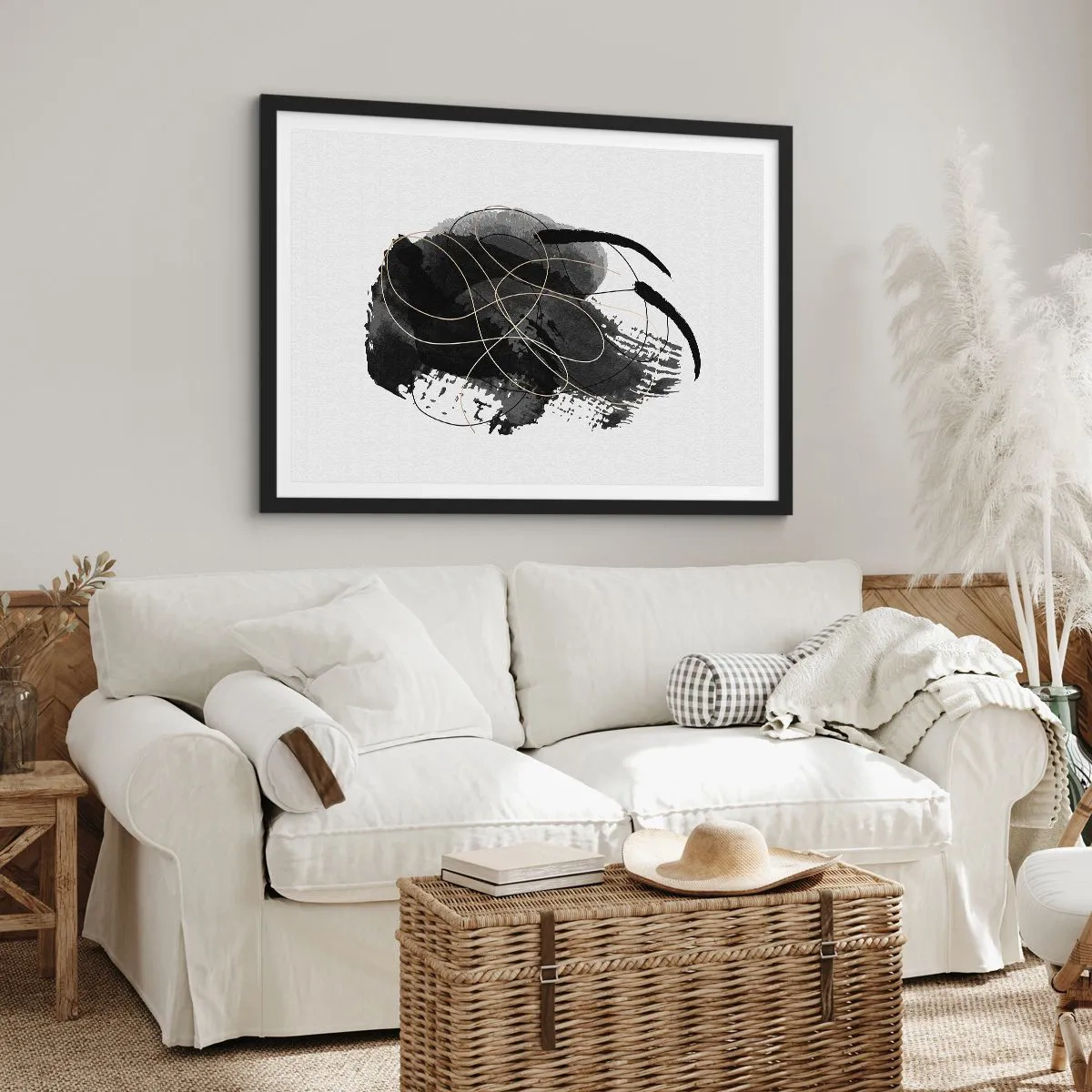 Póster en marco negro - Abstracción en negro y dorado sobre fondo blanco. - 70x50cm - Salió de la negrura - Decoración de pared moderna para salón y dormitorio ARTTOR