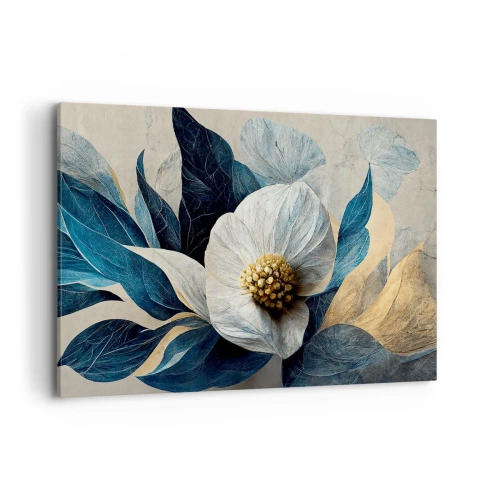 Cuadro sobre lienzo - Impresión de Imagen - Una flor con hojas azules sobre un fondo elegante. - 120x80cm - Con un corazón de oro - Decoración de pared moderna para salón y dormitorio ARTTOR