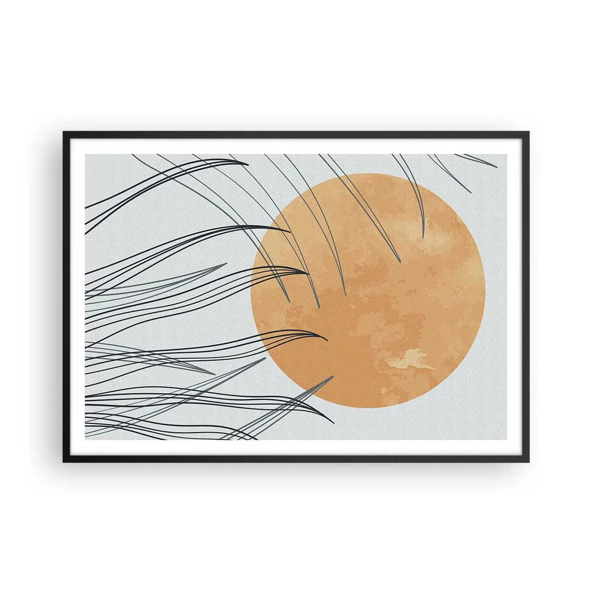 Póster en marco negro - Hojas de hierba abstractas contra el fondo de un gran sol naranja - 100x70cm - Siempre hacia el sol - Decoración de pared moderna para salón y dormitorio ARTTOR