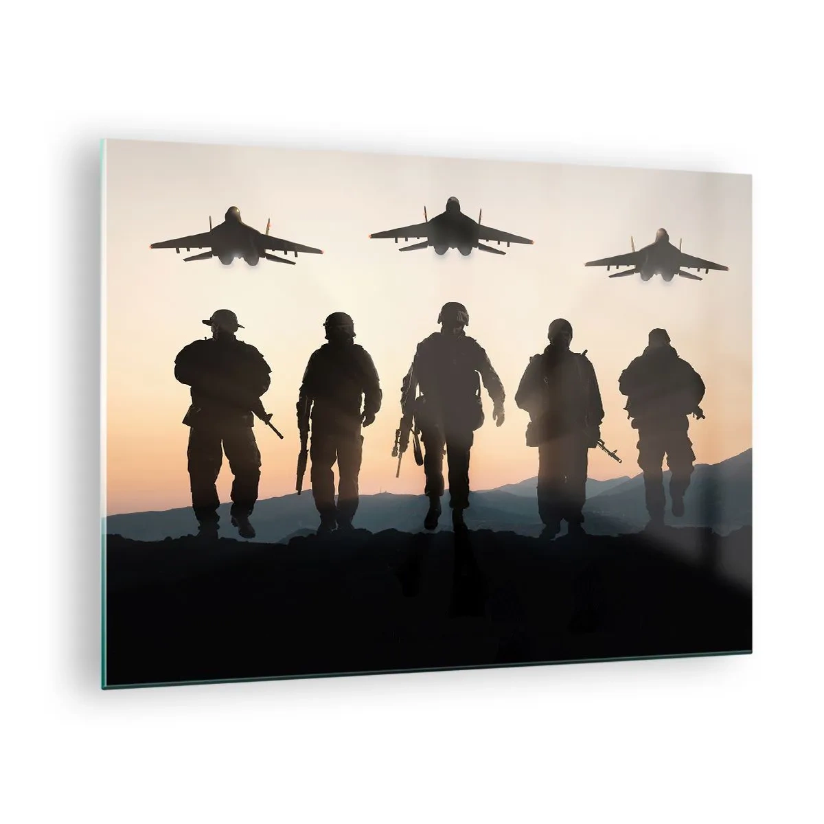 Cuadro sobre vidrio - Impresiones sobre Vidrio - Soldados con el sol poniente y los aviones como telón de fondo - 70x50cm - Bienvenido a nuestro mundo - Decoración de pared moderna para salón y dormitorio ARTTOR
