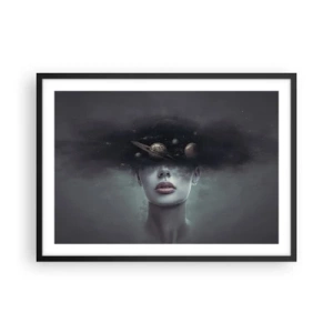 Póster en marco negro - Un rostro de mujer con un motivo de planeta y espacio en el fondo. - 70x50cm - Y los planetas sienten... - Decoración de pared moderna para salón y dormitorio ARTTOR