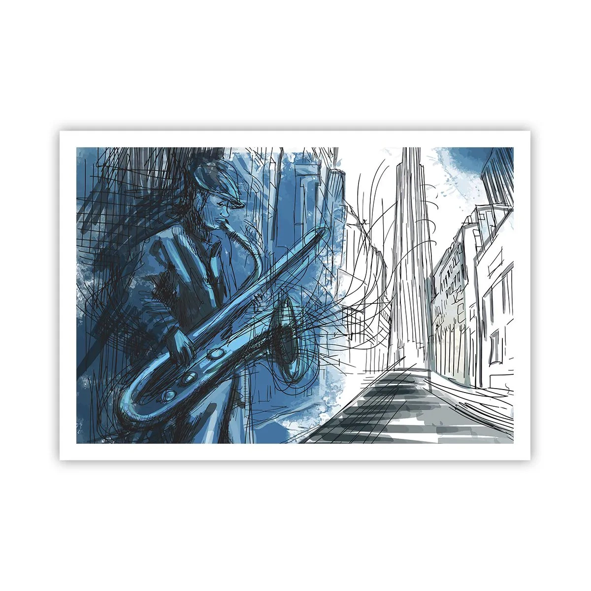 Póster - Una figura tocando el saxofón con una ciudad como telón de fondo. - 100x70cm - Rapsodia urbana - Decoración de pared moderna para salón y dormitorio ARTTOR