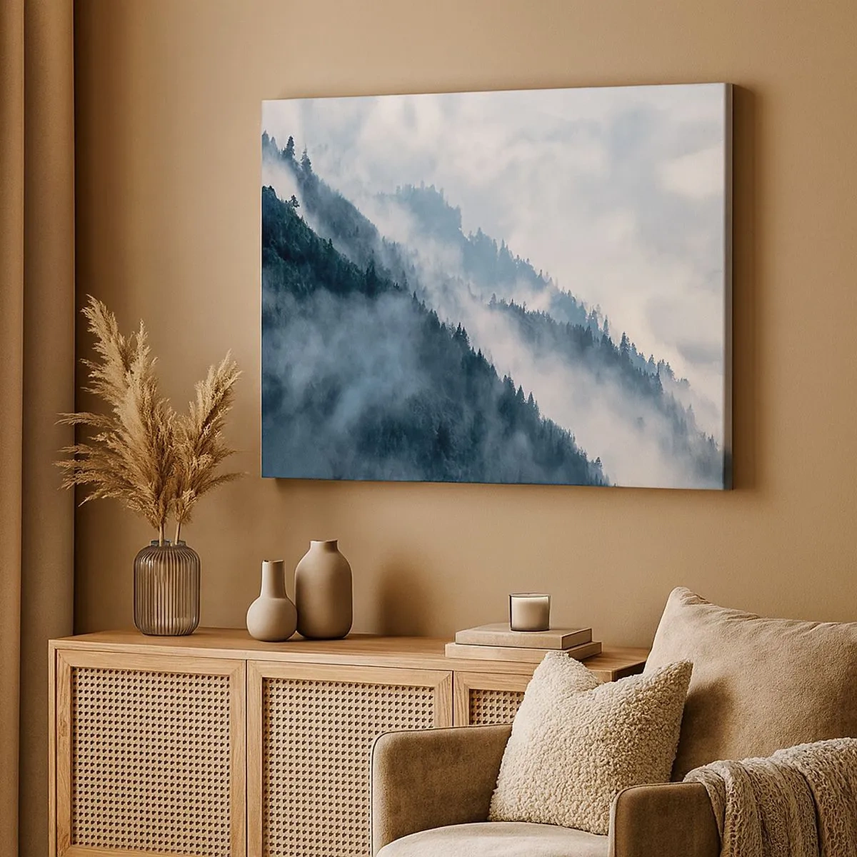 Cuadro sobre lienzo - Impresión de Imagen - La niebla se cierne sobre las laderas boscosas de las montañas en un paisaje misterioso. - 70x50cm - Misticismo de las montañas - Decoración de pared moderna para salón y dormitorio ARTTOR