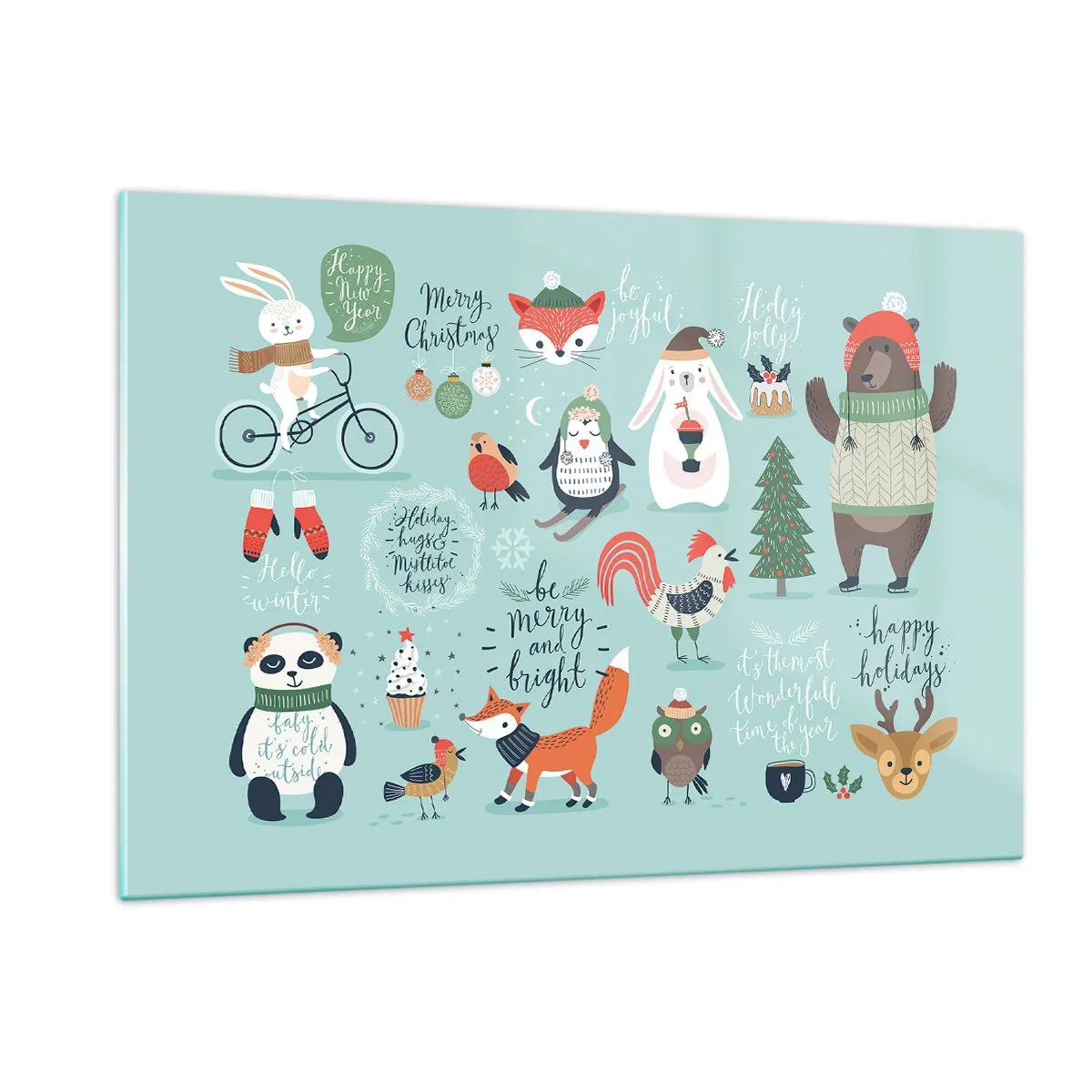 Cuadro sobre vidrio - Impresiones sobre Vidrio - Ilustraciones de animales navideños sobre un fondo pastel - 120x80cm - ¡Que siempre sea Navidad! - Decoración de pared moderna para salón y dormitorio ARTTOR