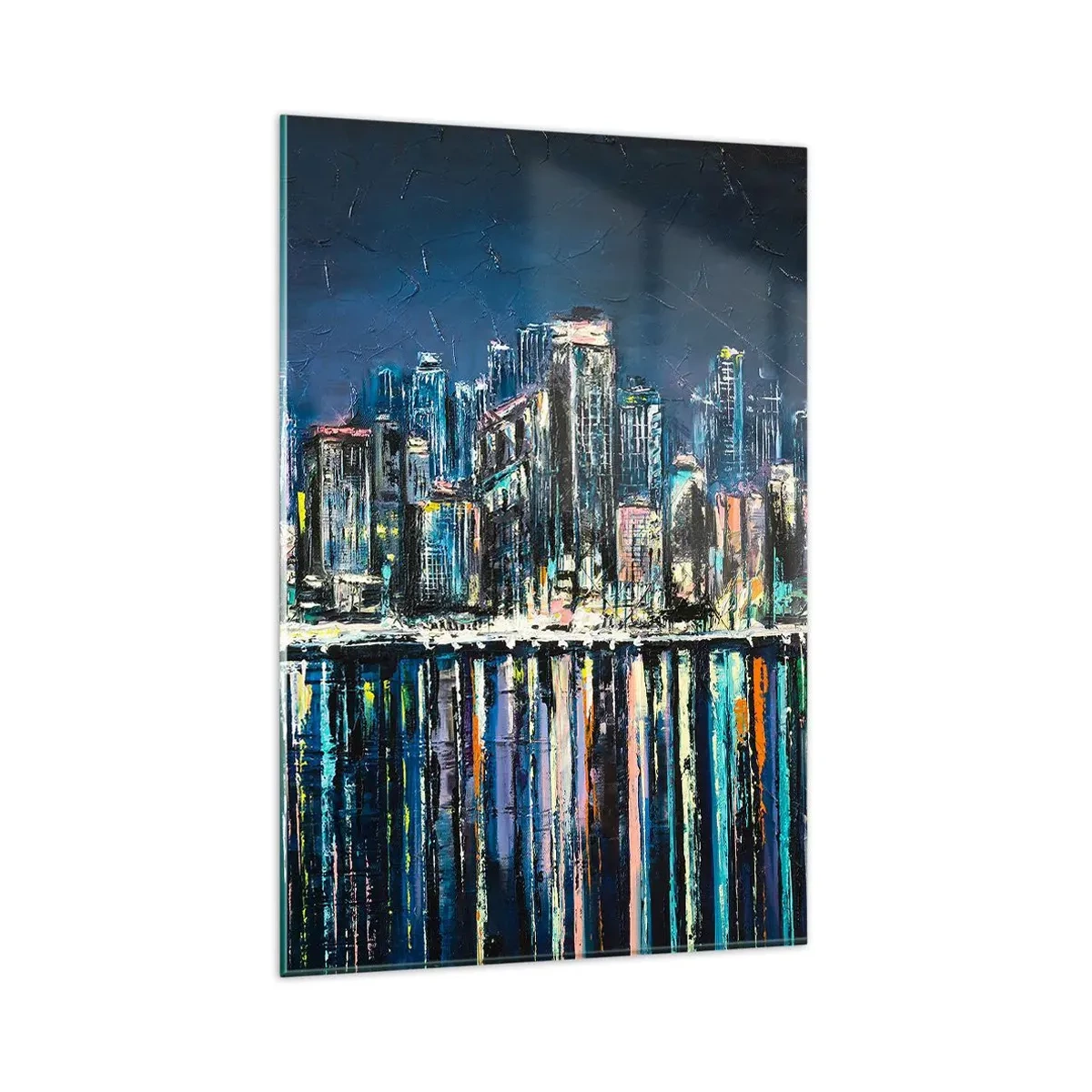 Cuadro sobre vidrio - Impresiones sobre Vidrio - Panorama de la ciudad nocturna reflejada en el agua. - 80x120cm - Una cascada de luces - Decoración de pared moderna para salón y dormitorio ARTTOR