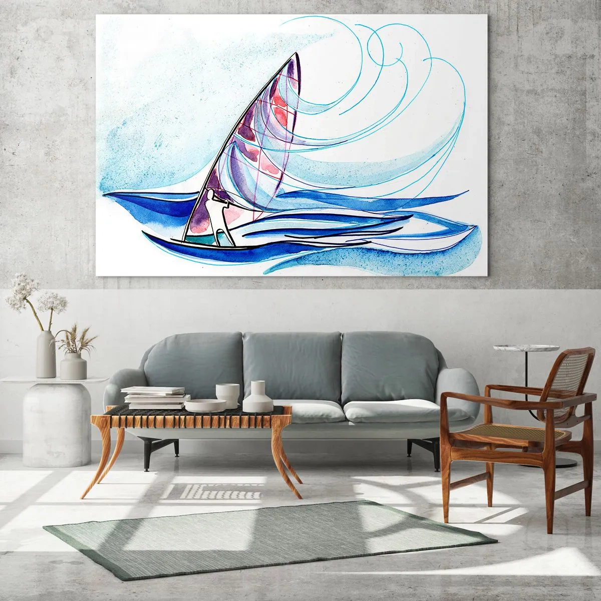 Cuadro sobre vidrio - Impresiones sobre Vidrio - Un velero sobre las olas en estilo acuarela. - 70x50cm - Con el viento al ritmo de las olas - Decoración de pared moderna para salón y dormitorio ARTTOR
