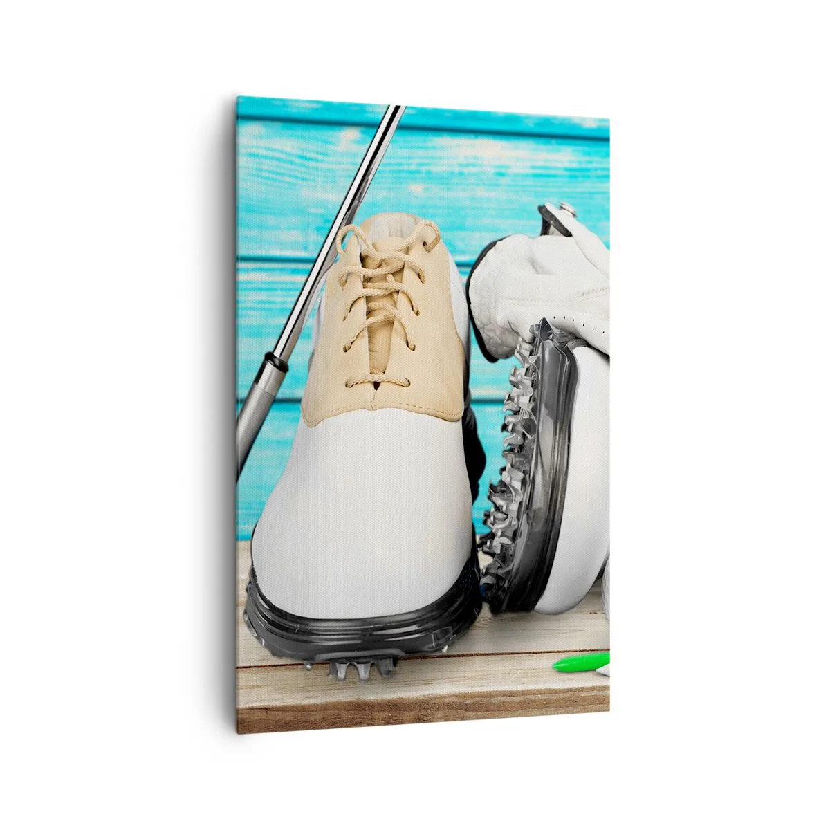 Cuadro sobre lienzo - Impresión de Imagen - Un conjunto de accesorios de golf sobre un fondo de madera. - 80x120cm - Todo listo - Decoración de pared moderna para salón y dormitorio ARTTOR