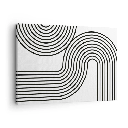 Cuadro sobre lienzo - Impresión de Imagen - Una pintura abstracta con líneas negras que crean patrones geométricos sobre un fondo blanco. - 70x50cm - En una curva - Decoración de pared moderna para salón y dormitorio ARTTOR