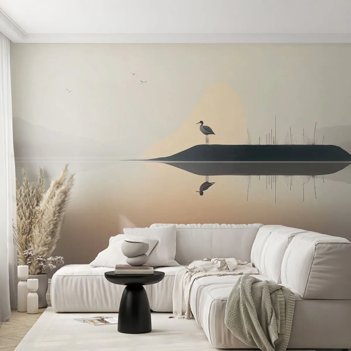Fotomural Premium Sand - Una garza parada en una isla en medio de un lago tranquilo. - 100x70cm - Un caballero en el lago - Decoración de pared moderna para salón y dormitorio ARTTOR