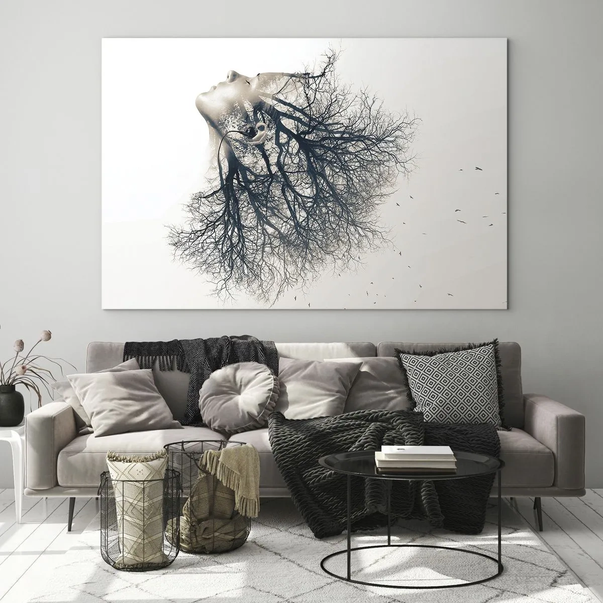 Cuadro sobre vidrio - Impresiones sobre Vidrio - Silueta de una mujer con ramas como cabello. - 70x50cm - Escuchando el susurro de un árbol - Decoración de pared moderna para salón y dormitorio ARTTOR