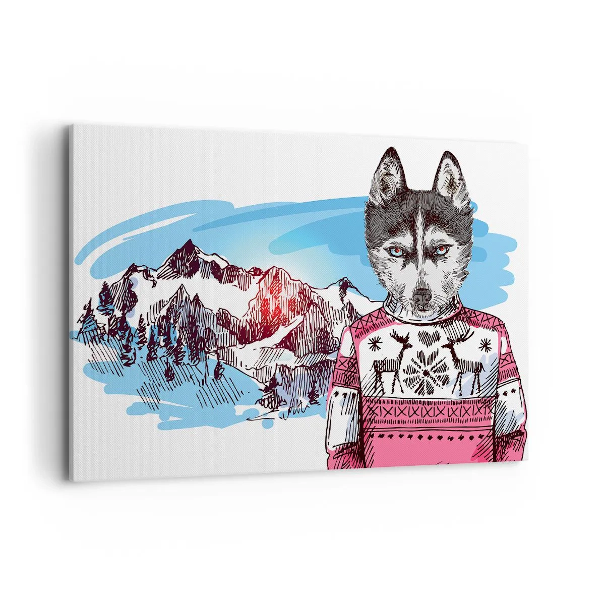 Cuadro sobre lienzo - Impresión de Imagen - Un lobo con un suéter de invierno frente a un paisaje montañoso. - 100x70cm - Un lobo con piel de cordero - Decoración de pared moderna para salón y dormitorio ARTTOR
