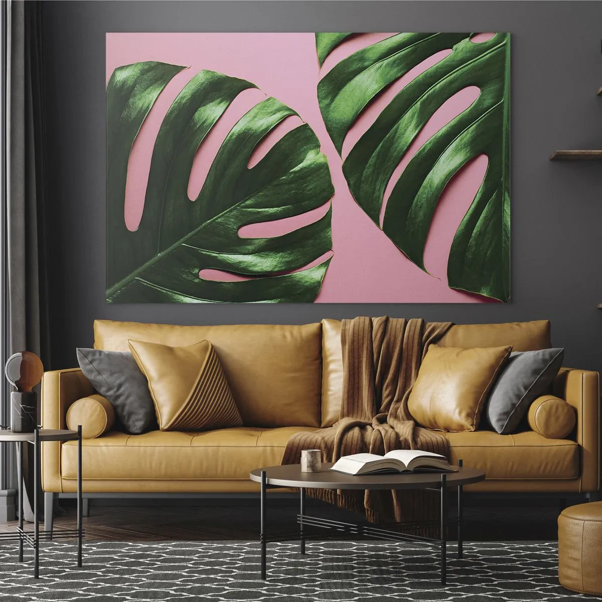 Cuadro sobre vidrio - Impresiones sobre Vidrio - Hojas de monstera verde sobre un fondo rosa - 120x80cm - Cita con el verde - Decoración de pared moderna para salón y dormitorio ARTTOR