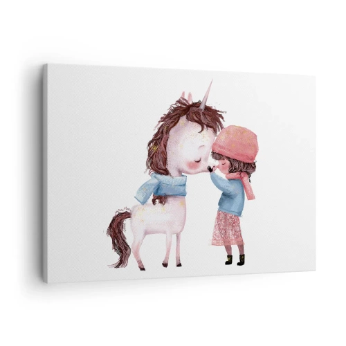 Cuadro sobre lienzo - Impresión de Imagen - Una niña y un unicornio en un paisaje invernal. - 70x50cm - Un cuento de invierno - Decoración de pared moderna para salón y dormitorio ARTTOR