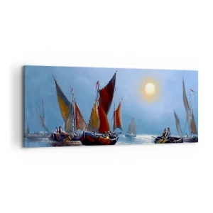Cuadro sobre lienzo - Impresión de Imagen - Barcos con velas en aguas tranquilas al atardecer - 120x50cm - Pesca nocturna - Decoración de pared moderna para salón y dormitorio ARTTOR