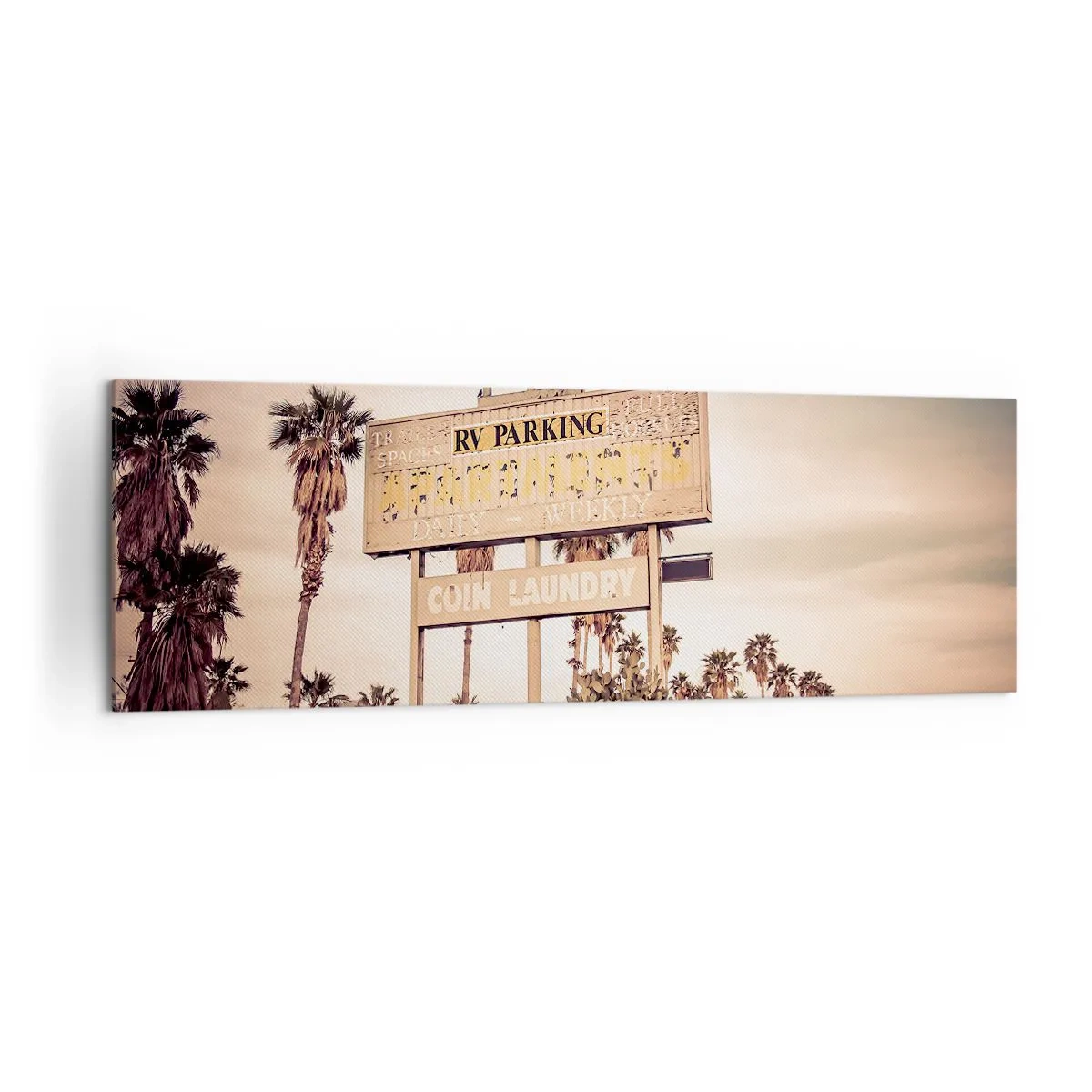 Cuadro sobre lienzo - Impresión de Imagen - Letrero de motel retro rodeado de palmeras - 160x50cm - El tiempo se detuvo - Decoración de pared moderna para salón y dormitorio ARTTOR