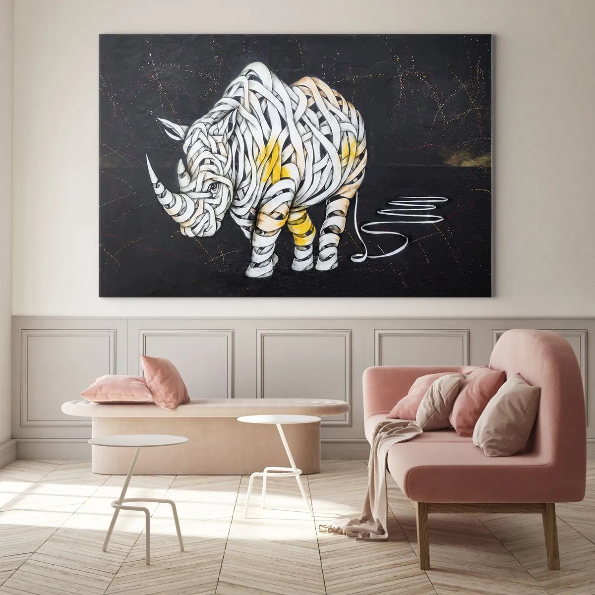 Cuadro sobre vidrio - Impresiones sobre Vidrio - Dibujo abstracto de un rinoceronte en forma de rayas. - 70x50cm - El mito de la momia rinoceronte - Decoración de pared moderna para salón y dormitorio ARTTOR