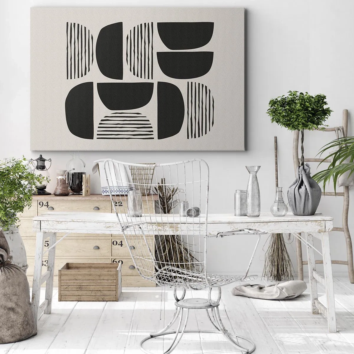 Cuadro sobre lienzo - Impresión de Imagen - Geometría con semicírculos y líneas en negro sobre fondo claro. - 120x80cm - Arreglos a medias - Decoración de pared moderna para salón y dormitorio ARTTOR