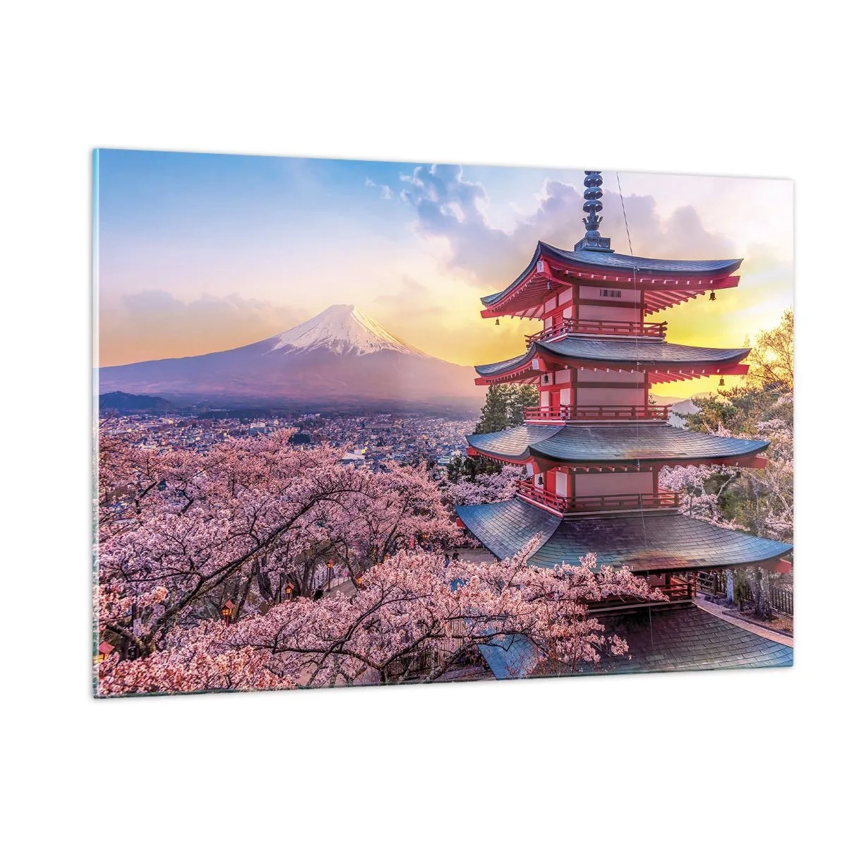 Cuadro sobre vidrio - Impresiones sobre Vidrio - Una pagoda en un paisaje japonés con vistas al monte Fuji y árboles en flor. - 120x80cm - La esencia del espíritu japonés - Decoración de pared moderna para salón y dormitorio ARTTOR