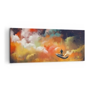 Cuadro sobre lienzo - Impresión de Imagen - Una figura en un barco contra un fondo de nubes de colores. - 120x50cm - En barco por la galaxia - Decoración de pared moderna para salón y dormitorio ARTTOR