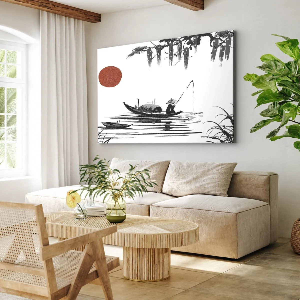 Cuadro sobre lienzo - Impresión de Imagen - Paisaje oriental con un pescador en un barco y un sol rojo. - 120x80cm - Una tarde asiática - Decoración de pared moderna para salón y dormitorio ARTTOR