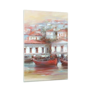 Cuadro sobre vidrio - Impresiones sobre Vidrio - Barcos coloridos y edificios pintorescos junto al agua en tonos pastel. - 70x100cm - Ciudad feliz - Decoración de pared moderna para salón y dormitorio ARTTOR