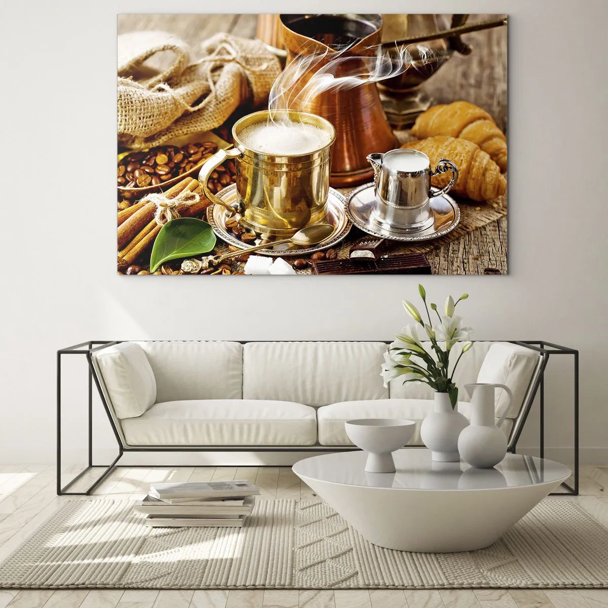 Cuadro sobre vidrio - Impresiones sobre Vidrio - Una taza dorada de café con leche rodeada de granos y croissants. - 120x80cm - Que tengas un buen día - Decoración de pared moderna para salón y dormitorio ARTTOR