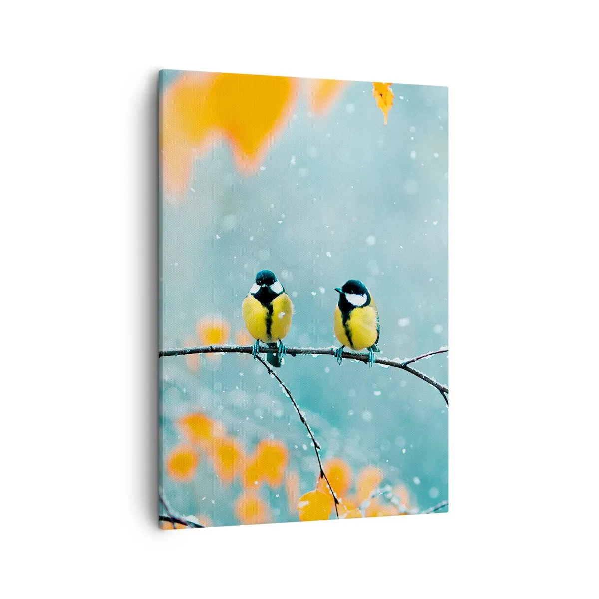 Cuadro sobre lienzo - Impresión de Imagen - Dos pájaros en una rama en un entorno invernal con hojas amarillas. - 50x70cm - Cotilleo de pájaros - Decoración de pared moderna para salón y dormitorio ARTTOR