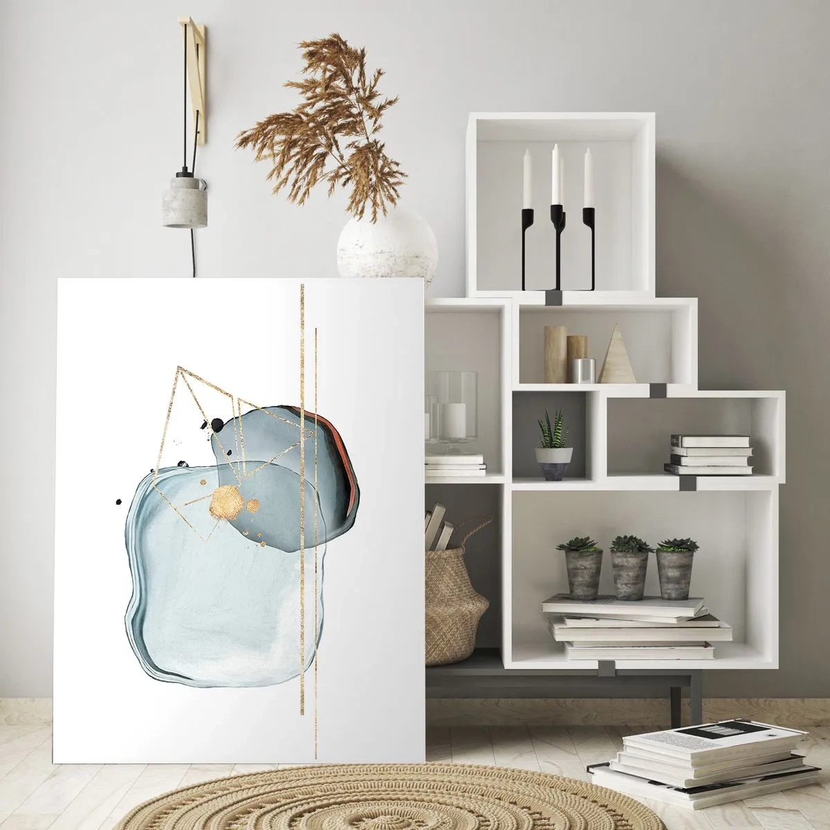 Cuadro sobre vidrio - Impresiones sobre Vidrio - Formas abstractas en tonos azules y dorados sobre un fondo blanco. - 80x120cm - Un estudio de gotas - Decoración de pared moderna para salón y dormitorio ARTTOR