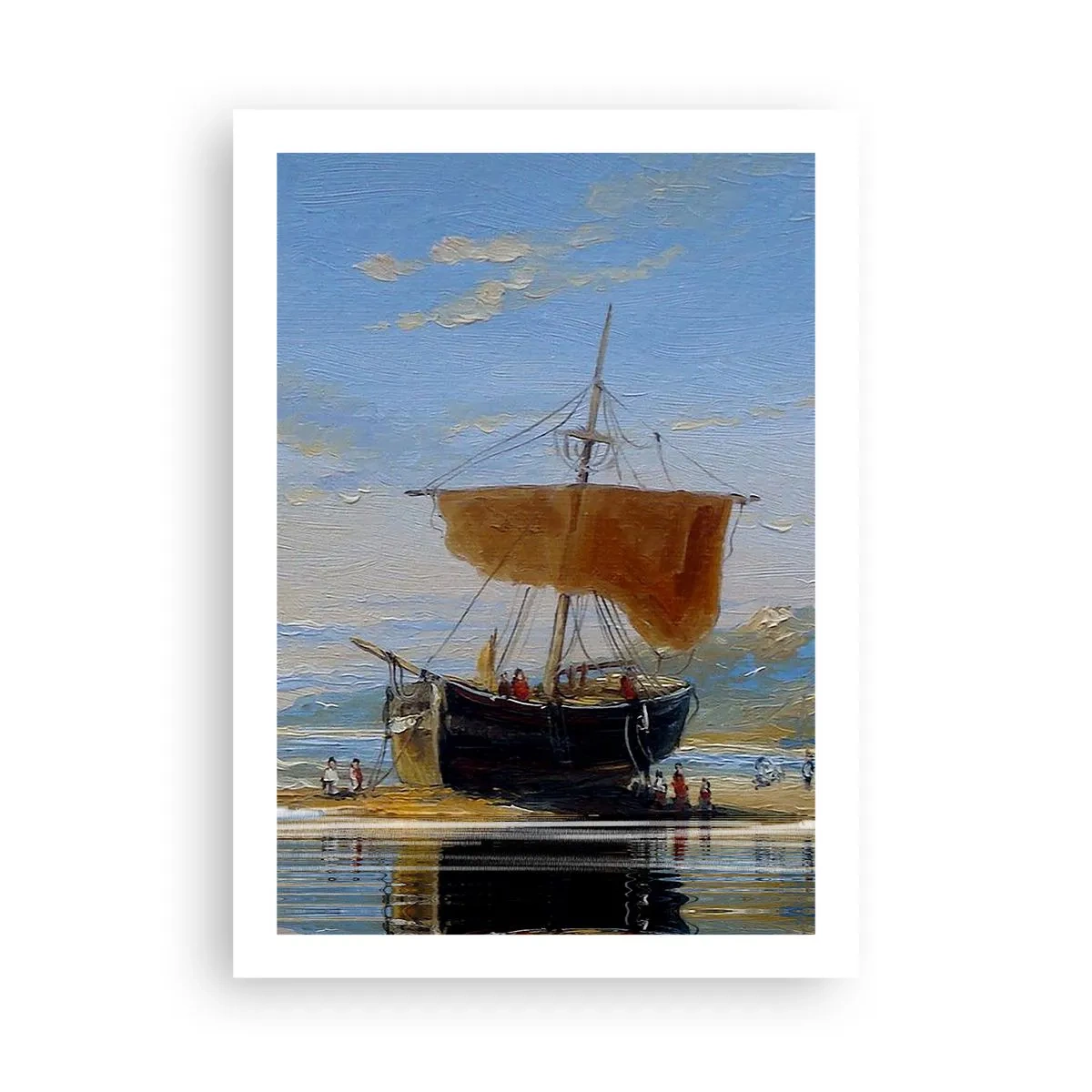 Póster - Un velero tradicional en la orilla con su reflejo en el agua. - 50x70cm - Agua, tierra, aire - Decoración de pared moderna para salón y dormitorio ARTTOR