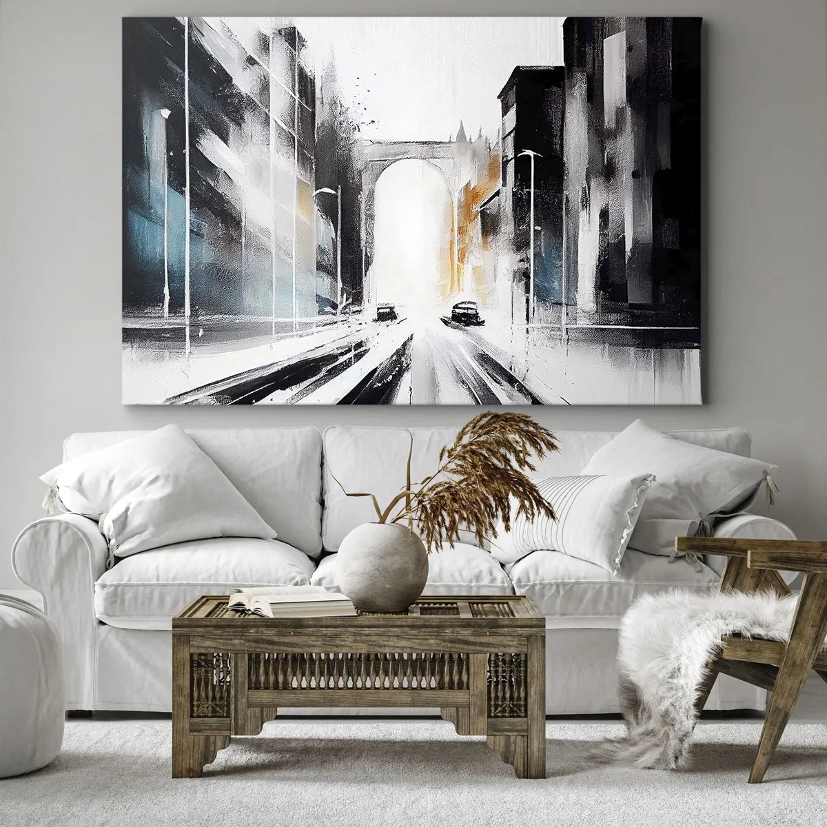 Cuadro sobre lienzo - Impresión de Imagen - Panorama abstracto de la ciudad con un puente arqueado - 100x70cm - Estudio de la ciudad: arquitectura y movimiento - Decoración de pared moderna para salón y dormitorio ARTTOR