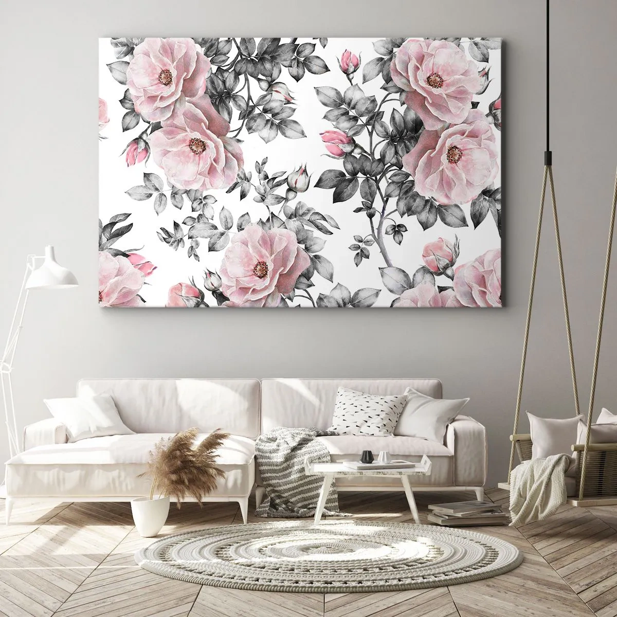 Cuadro sobre lienzo - Impresión de Imagen - Rosas rosas y hojas sobre un delicado fondo blanco y negro. - 70x50cm - Entre las rosas - Decoración de pared moderna para salón y dormitorio ARTTOR
