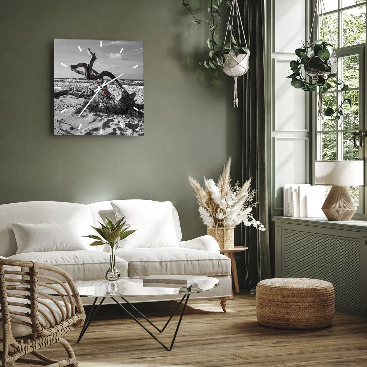 Reloj de pared - Reloj de vidrio - Paisaje en blanco y negro con un árbol muerto en la playa. - 30x30cm - Escultura marina - Decoración de pared moderna para salón y dormitorio ARTTOR