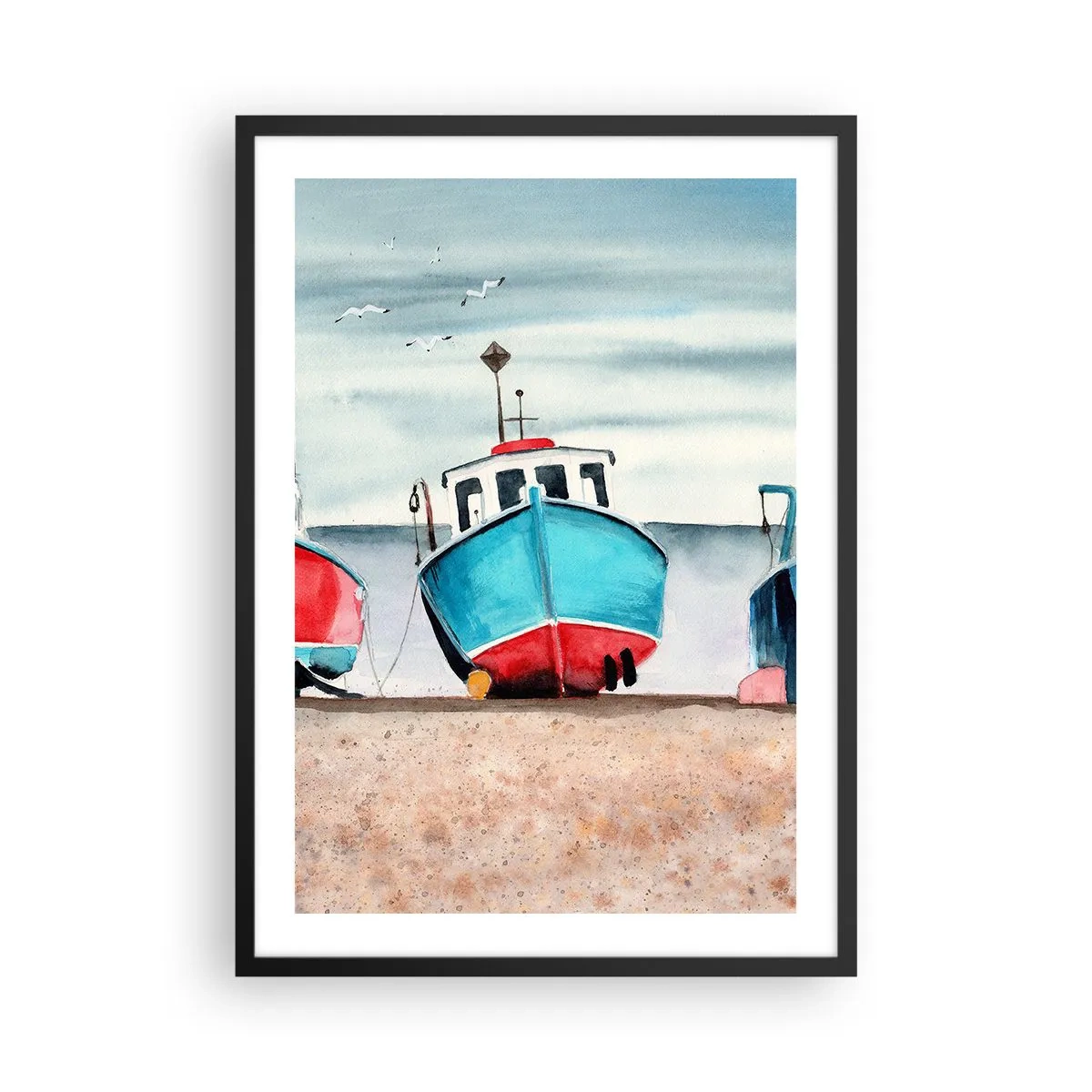 Póster en marco negro - Barcos de pesca de color azul pictórico en la orilla - 50x70cm - Listos para la pesca - Decoración de pared moderna para salón y dormitorio ARTTOR