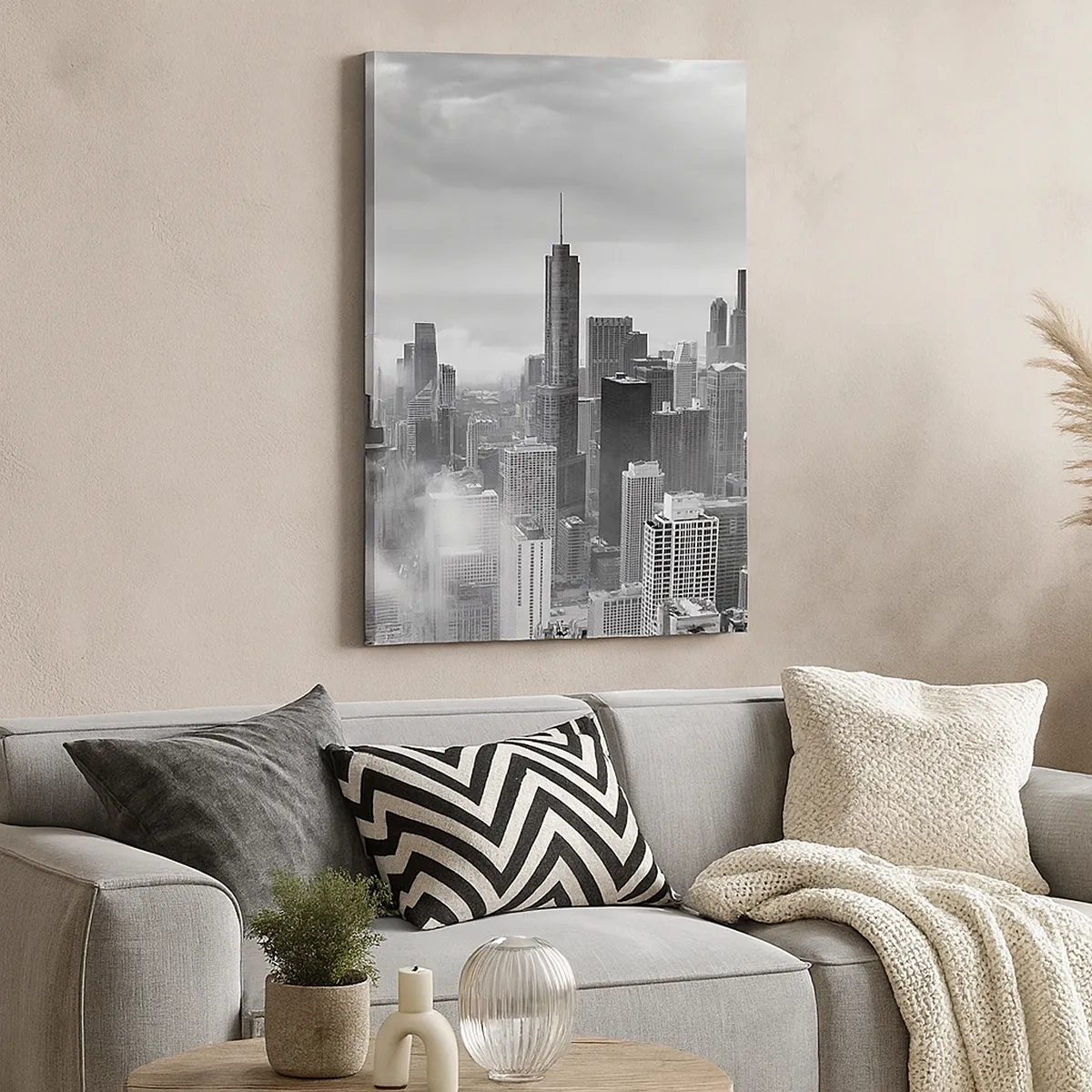 Cuadro sobre lienzo - Impresión de Imagen - Panorama de la ciudad con rascacielos en las nubes en blanco y negro - 50x70cm - Paisaje americano - Decoración de pared moderna para salón y dormitorio ARTTOR