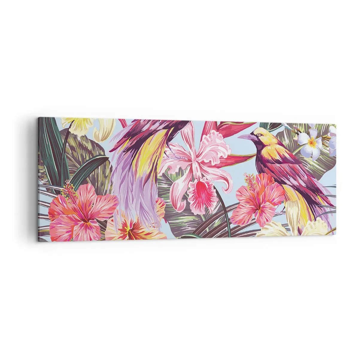Cuadro sobre lienzo - Impresión de Imagen - Aves exóticas entre flores tropicales - 140x50cm - Pétalos y plumas - Decoración de pared moderna para salón y dormitorio ARTTOR